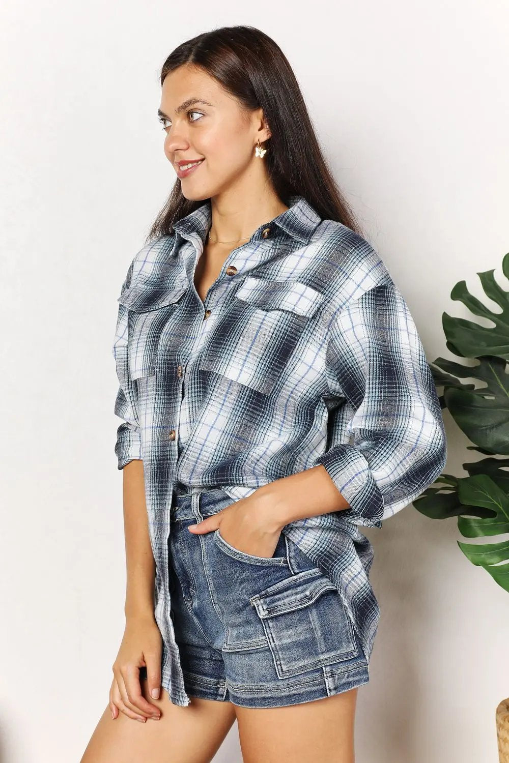 Double Take Plaid Dropped Shoulder Shirt - Love Salve
